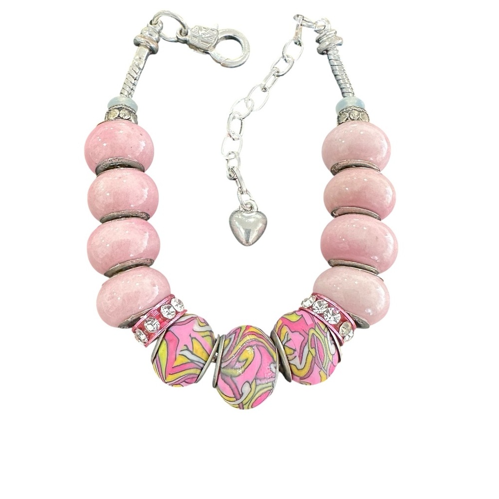Pandora Style Baby Pink Charm Bracelet in Silver Add beads, Gently Used